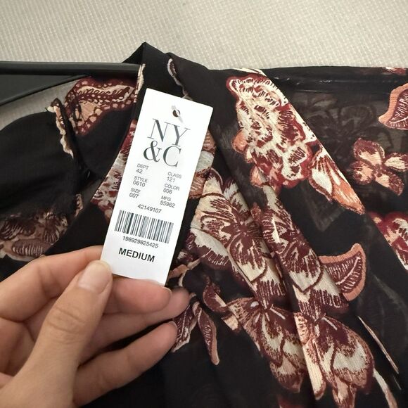 NY&Co Sheer Floral Blouse Medium Front Back Tie Neck  Fall Tones Ruched Sleeves - Picture 4 of 15